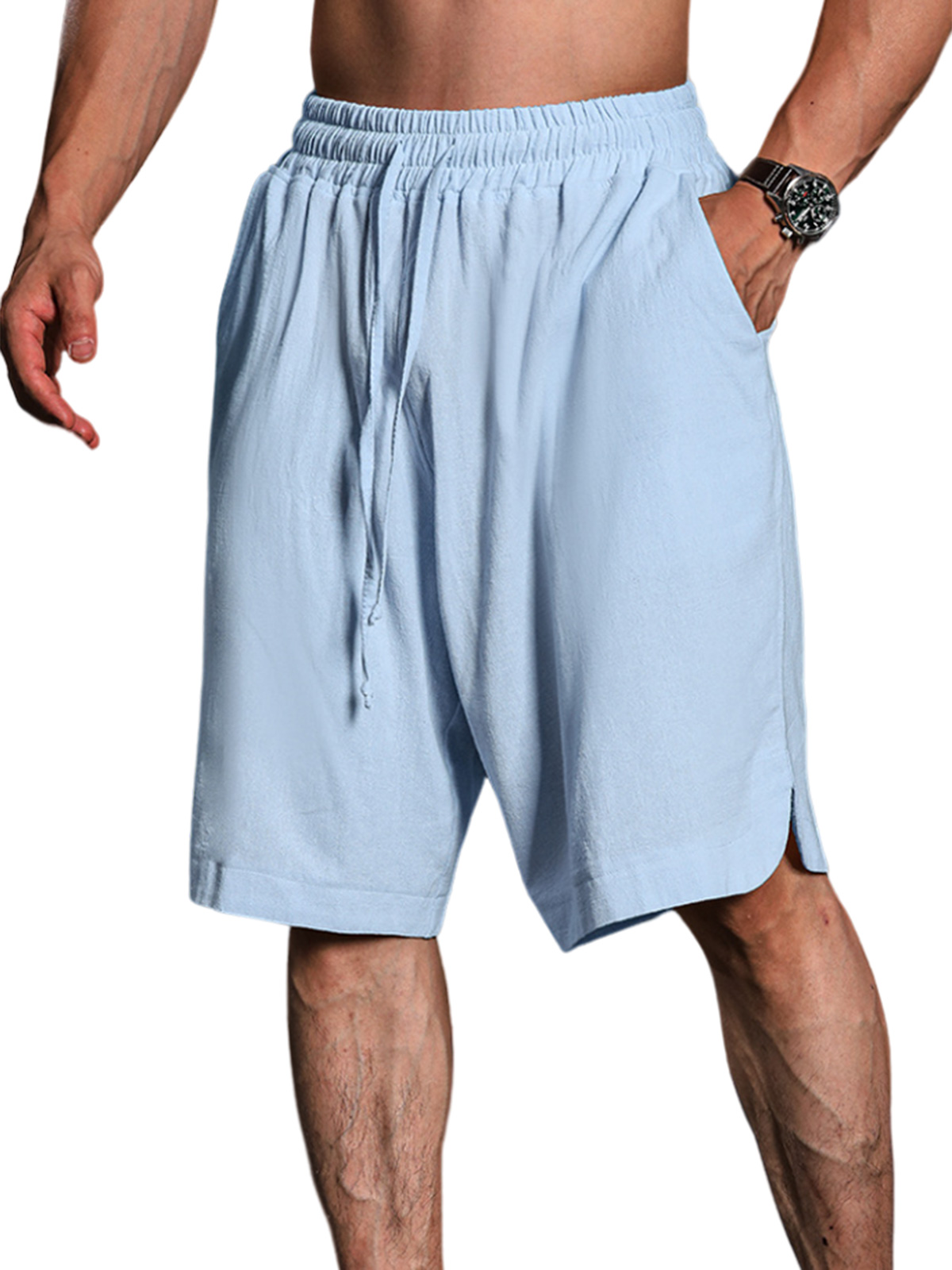 Men's summer solid color cotton and linen three-quarter elastic waist shorts