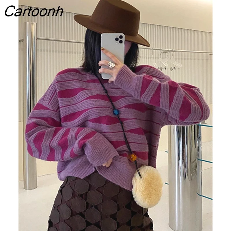 Cartoonh Women‘s Winter Sweater 2023 Oversize Loose Pullover Casual Korean Fashion Print Striped Knitted Pullover for Women Jumper Female