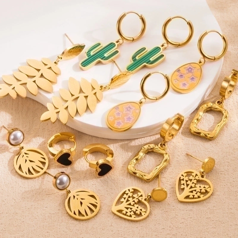 1 Pair Elegant Luxurious Cactus Leaf Heart Shape Hollow Out Inlay 304 Stainless Steel Pearl 18K Gold Plated Drop Earrings