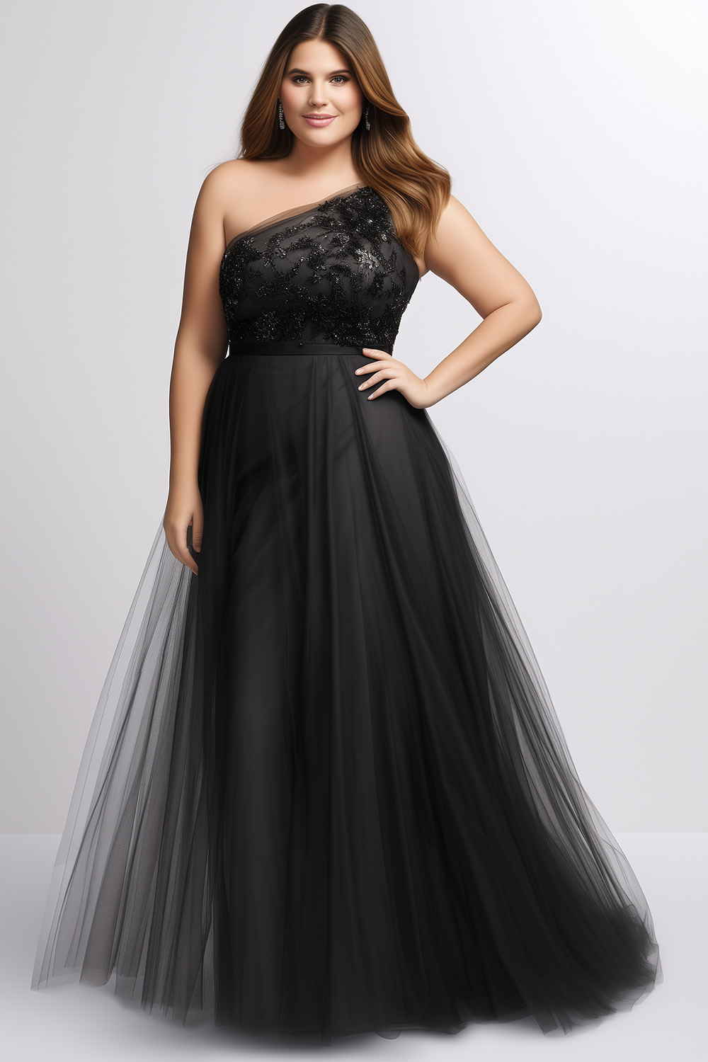 Flycurvy Plus Size Prom Black Mesh One Shoulder Sequined Lace Maxi Dress 2024 - Flycurvy 