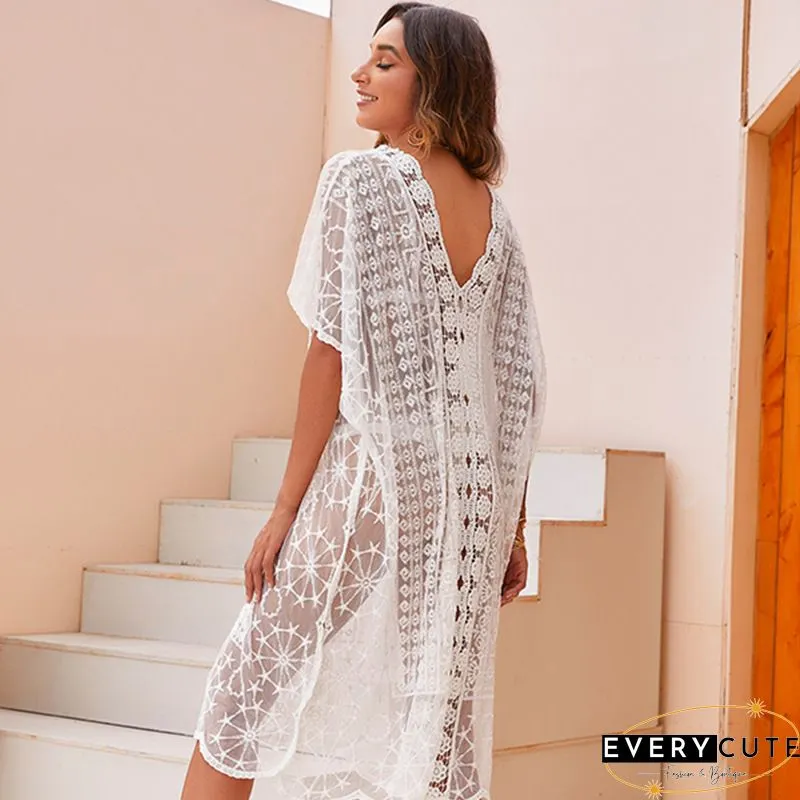 White Floret Trim V Neck Sheer Lace Beach Dress