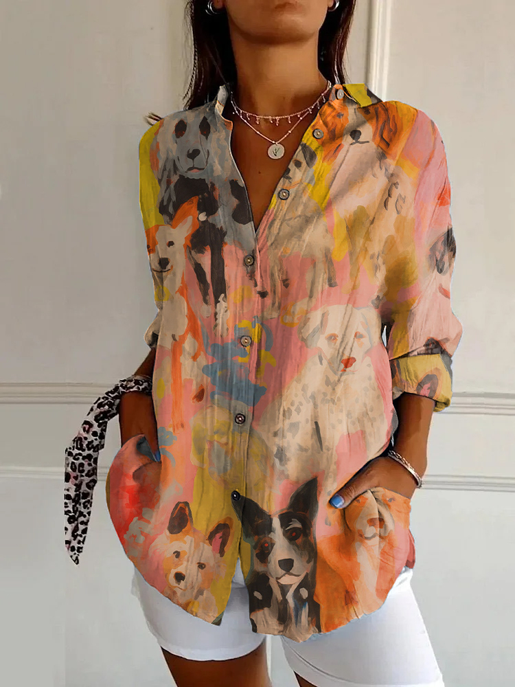Cute Cartoon Dog Print Casual Long Sleeve Shirt