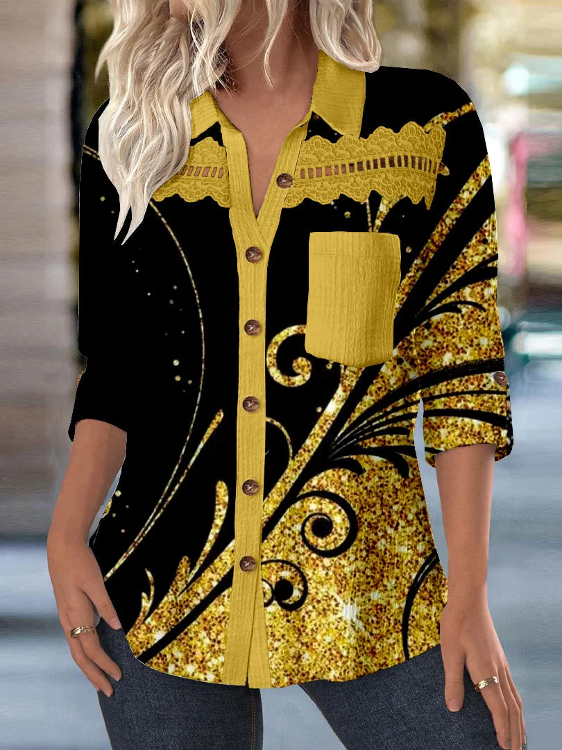 Women Long Sleeve Shirt Collar Floral Printed Graphic Lace Button Pockets Tops
