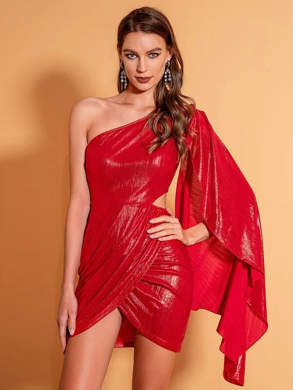 Double Crazy One Shoulder Cut Out Waist Cross Wrap Cloak Sleeve Metallic Dress