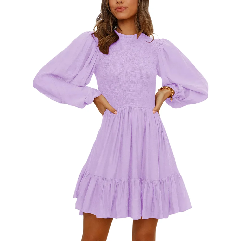 Light Purple Ruffle Detail Smocked Long Sleeve Dress