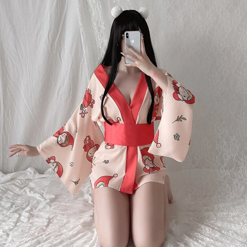 Billionm Japanese Kimono Dress for Women Cardigan Sexy Lingerie Lovely Loose Printed Deep V Temptation Uniform Cosplay Costume