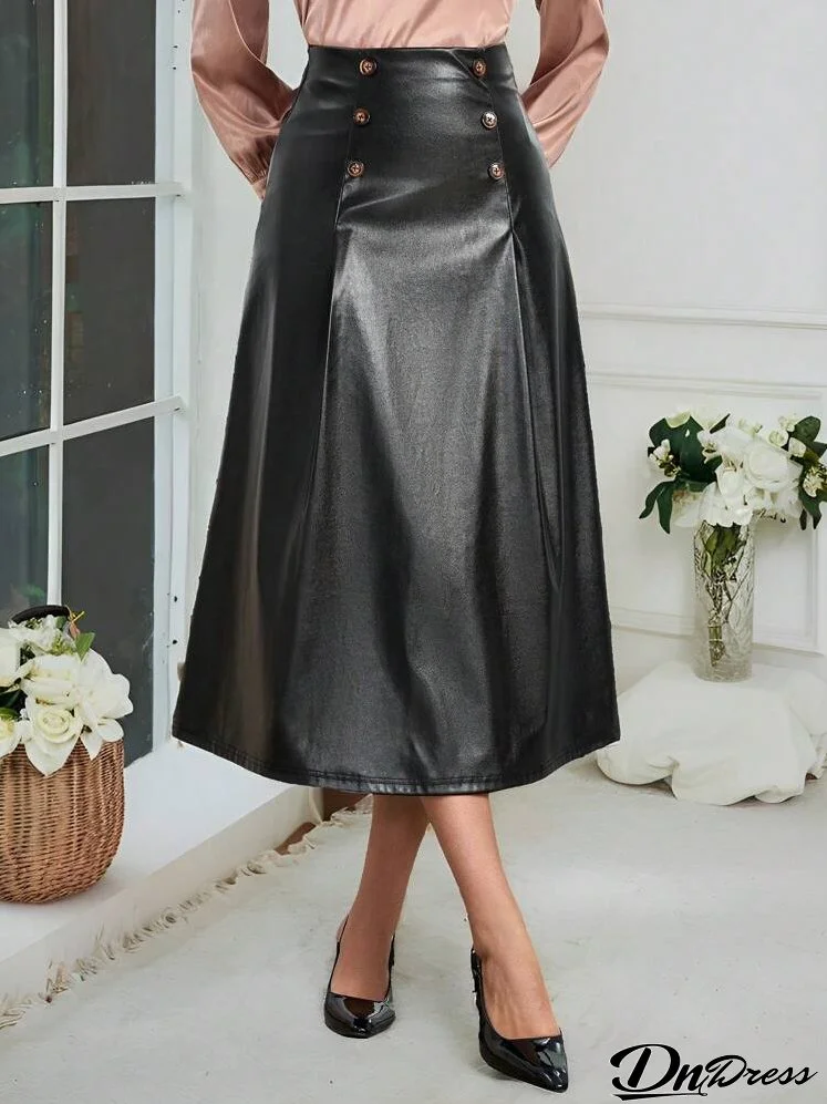 Women's Solid Color Double-Breasted Elegant, Black Skirt