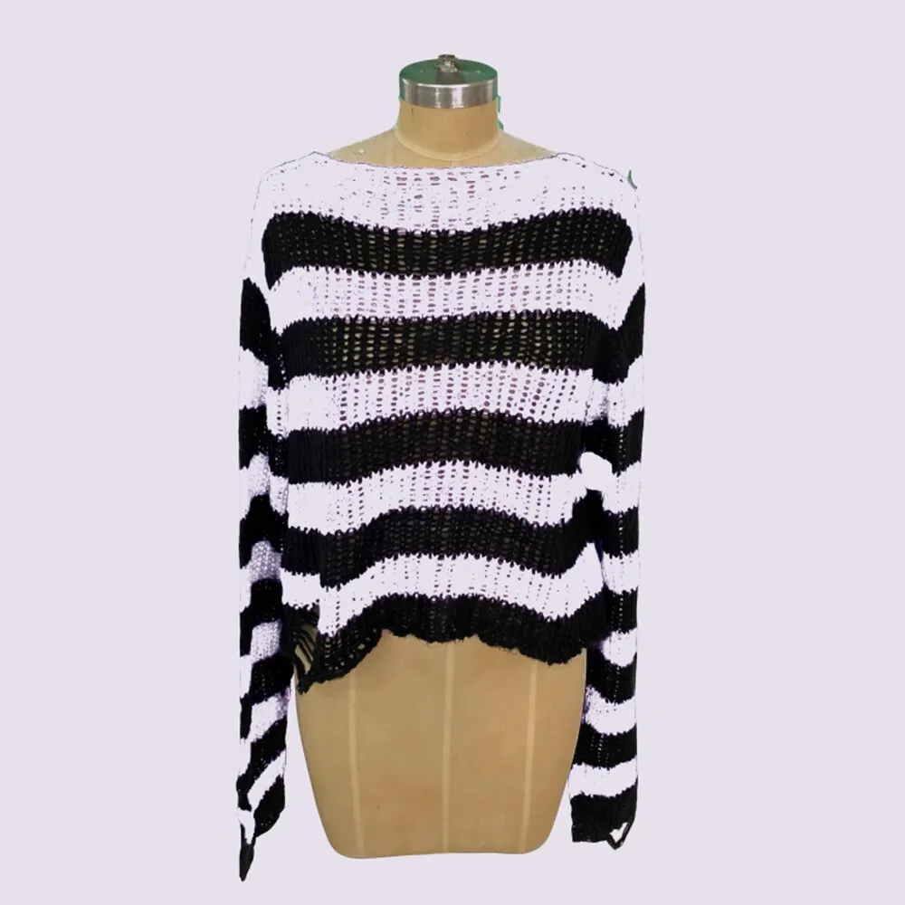 Halloween 200 Gothic Knitted Sweater Women Long Pullovers Striped Loose Winter Ripped Plus Size Sweaters Jumpers Mujer Jersey 924