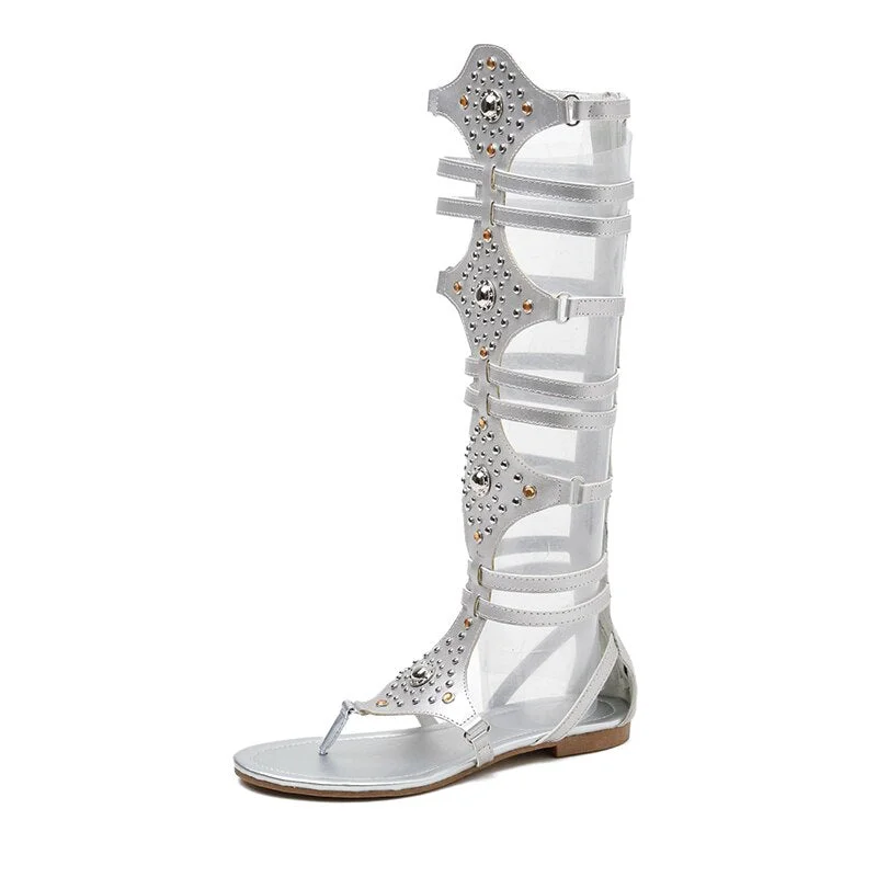 Gdgydh 2021 New Sexy Rhinestone Gladiator Knee Sandals Flats Back Zipper Black Silver Rome Knee High Sandals Women Wholesale