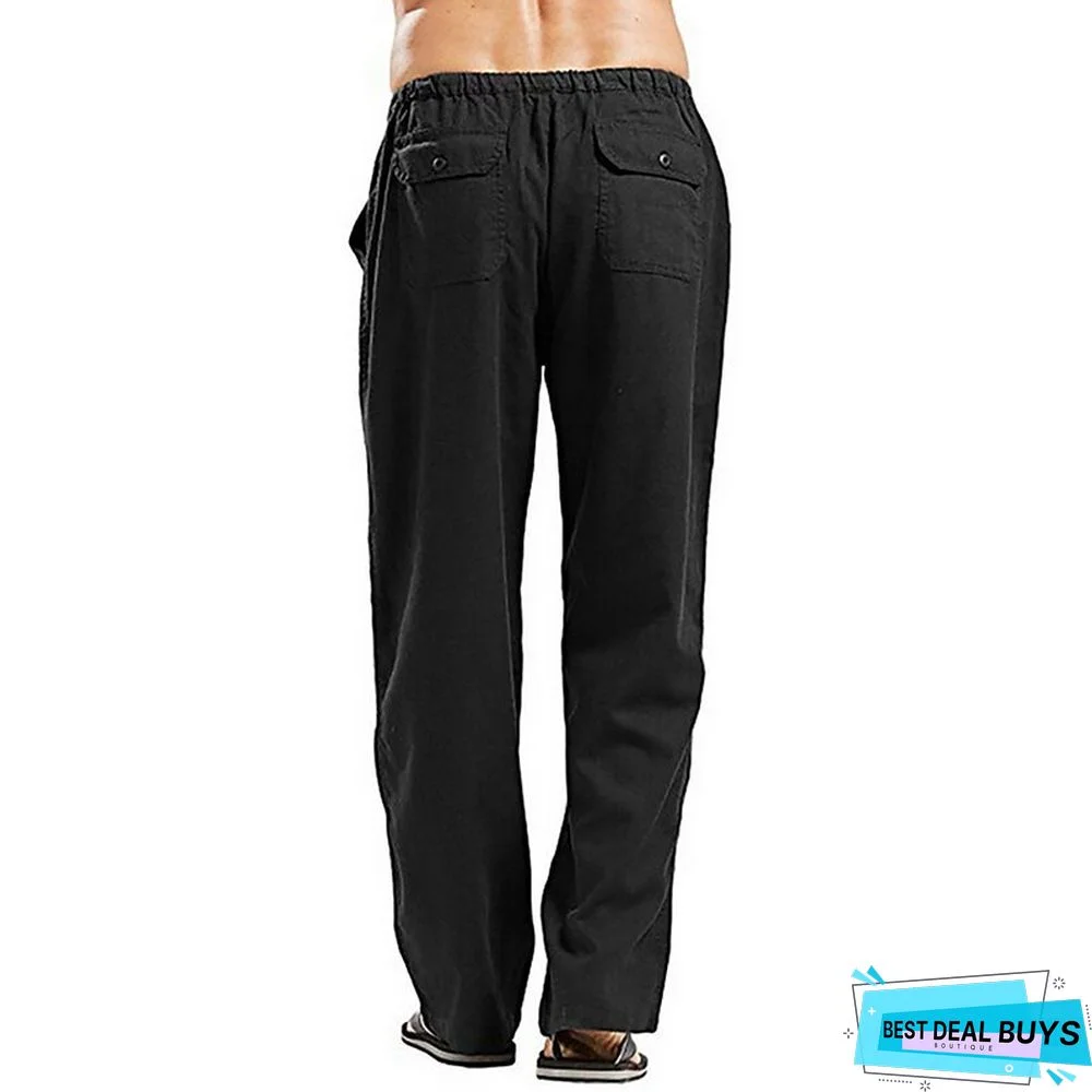Men's Linen Pants Trousers Summer Pants Beach Pants Wide Leg Plain Breathable Full Length Work Daily Beach Linen / Cotton Blend Fashion Casual Loose Fit Black White