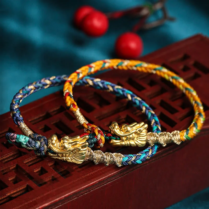 999 Sterling Silver Handmade Dragon Eight Thread Knot Colorful Luck Strength String Bracelet