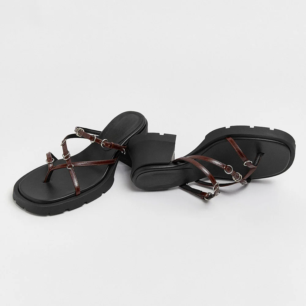 Brown Round Toe Criss-Cross Straps Platform Mules Shoes with Buckle