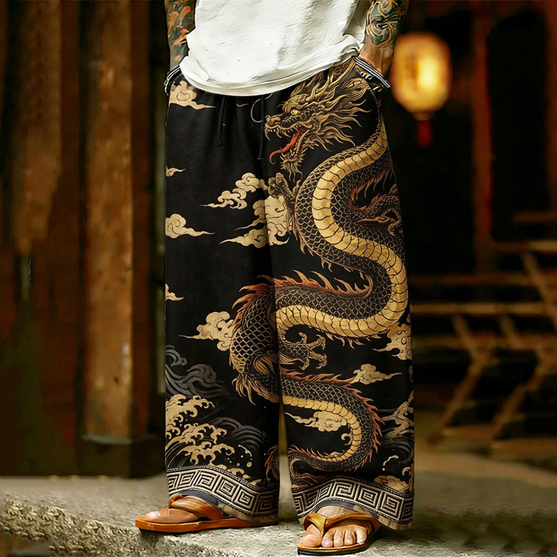 Men's Japanese Dragon Art Pattern Printed Casual Pants elevenforest