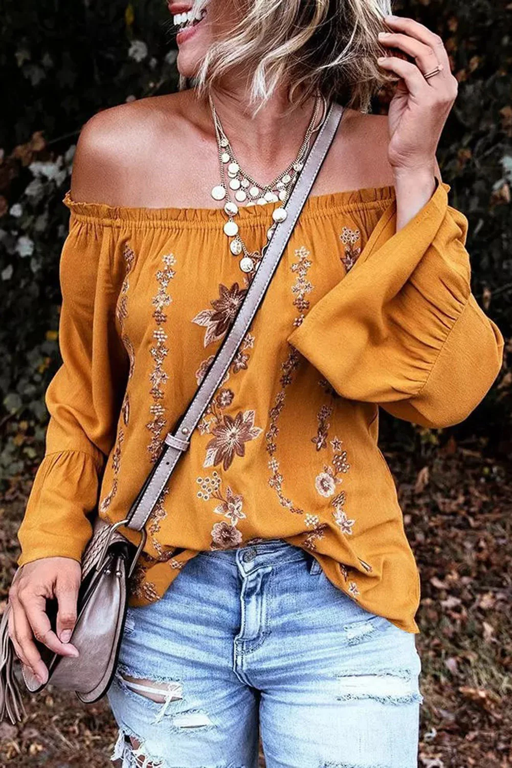 Yellow Floral Print Ruffled Off Shoulder Blouse | IFYHOME