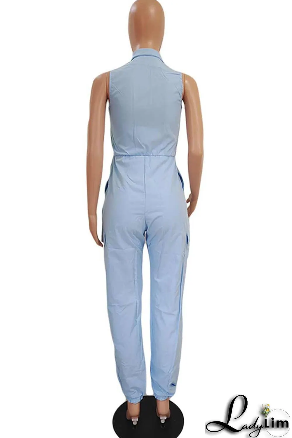 Blue Casual Print Patchwork Zipper Turndown Collar Straight Jumpsuits(Without Belt)