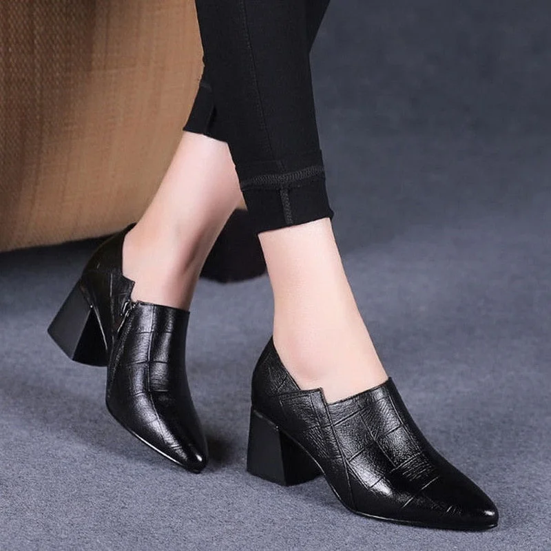 Pointed toe Mid Heels Women 2020 Autumn Single Shoes Woman Soft PU leather Shoe Square Heel Female Korea Style Side Zip Black