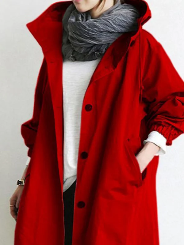 Casual Solid Color Hooded Trench Coat - yankia