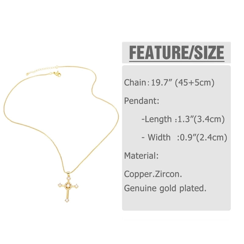 201 Stainless Steel Copper Cable Chain Box Chain 18K Gold Plated Inlay Cross Zircon Pendant Necklace