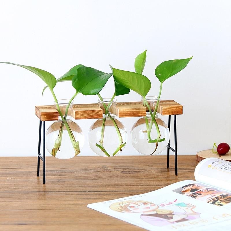 Nordic Wood Art Iron Frame Plant Transparent Glass Vase