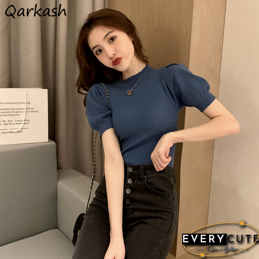 T-Shirts Women Temperament Fashion Summer Solid Simple College Skinny Chic Sexy Female Crops Harajuku All-Match Mujer Knitted