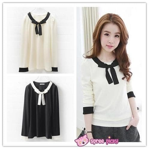 [S-3XL] Black/White Sweet Bow Long Sleeve T-shirt SP151789