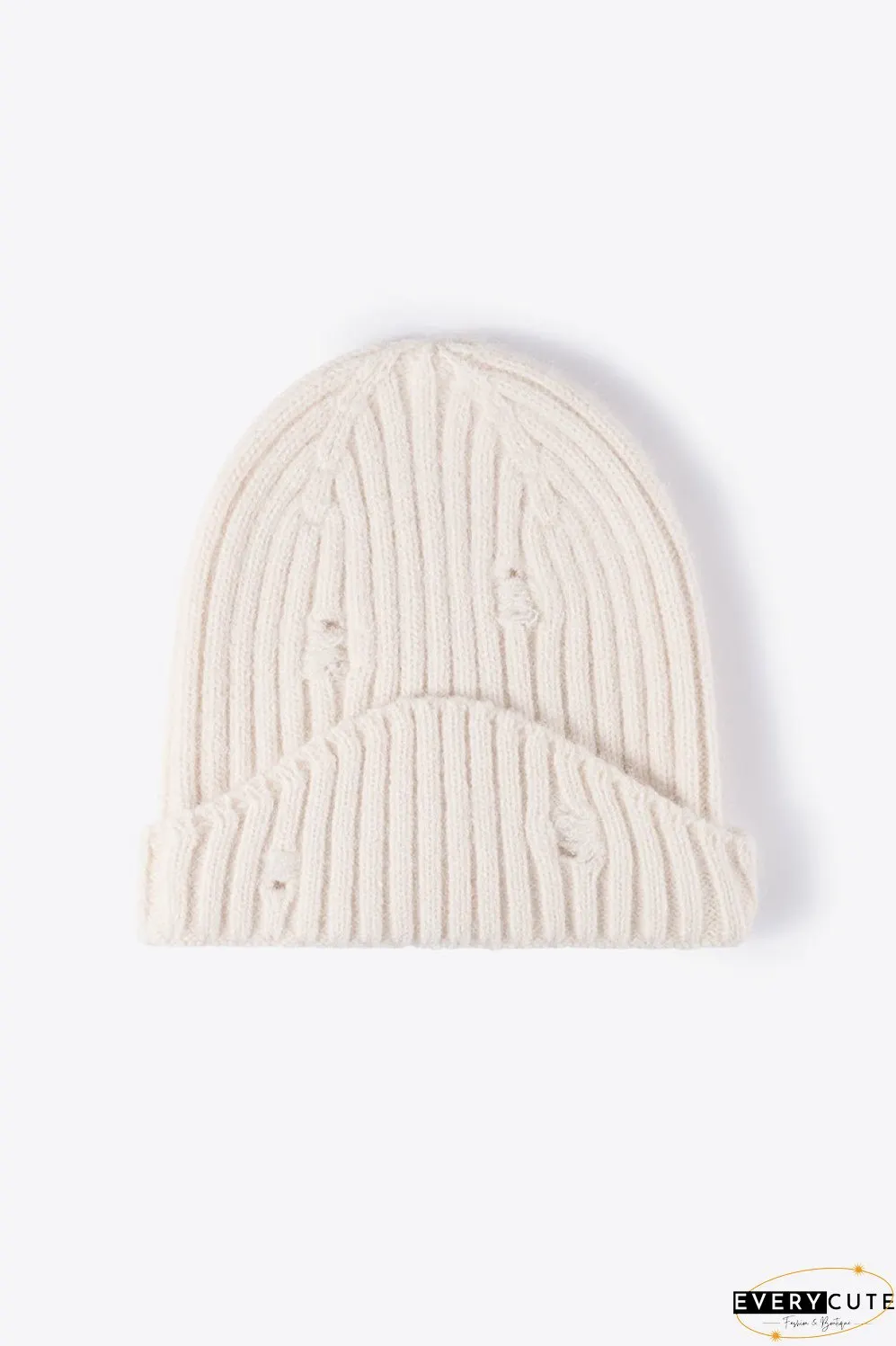 Distressed Rib-Knit Beanie