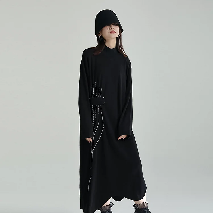 Cool Black High Collar Long Sleeve Midi Dress - yankia