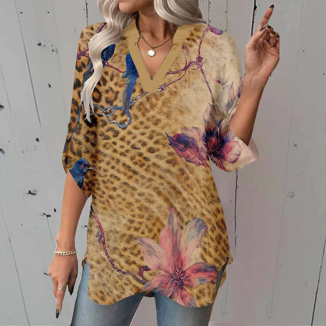 Women Bird, Flower, Brown DZGA0482 3/4 Sleeve V-neck Printed Graphic Button Tops
