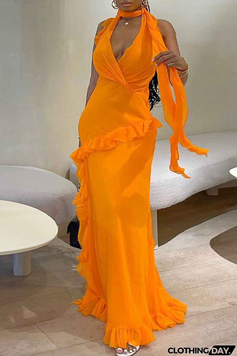 Sexy Solid Patchwork Backless Stringy Selvedge Halter Long Dress Dresses