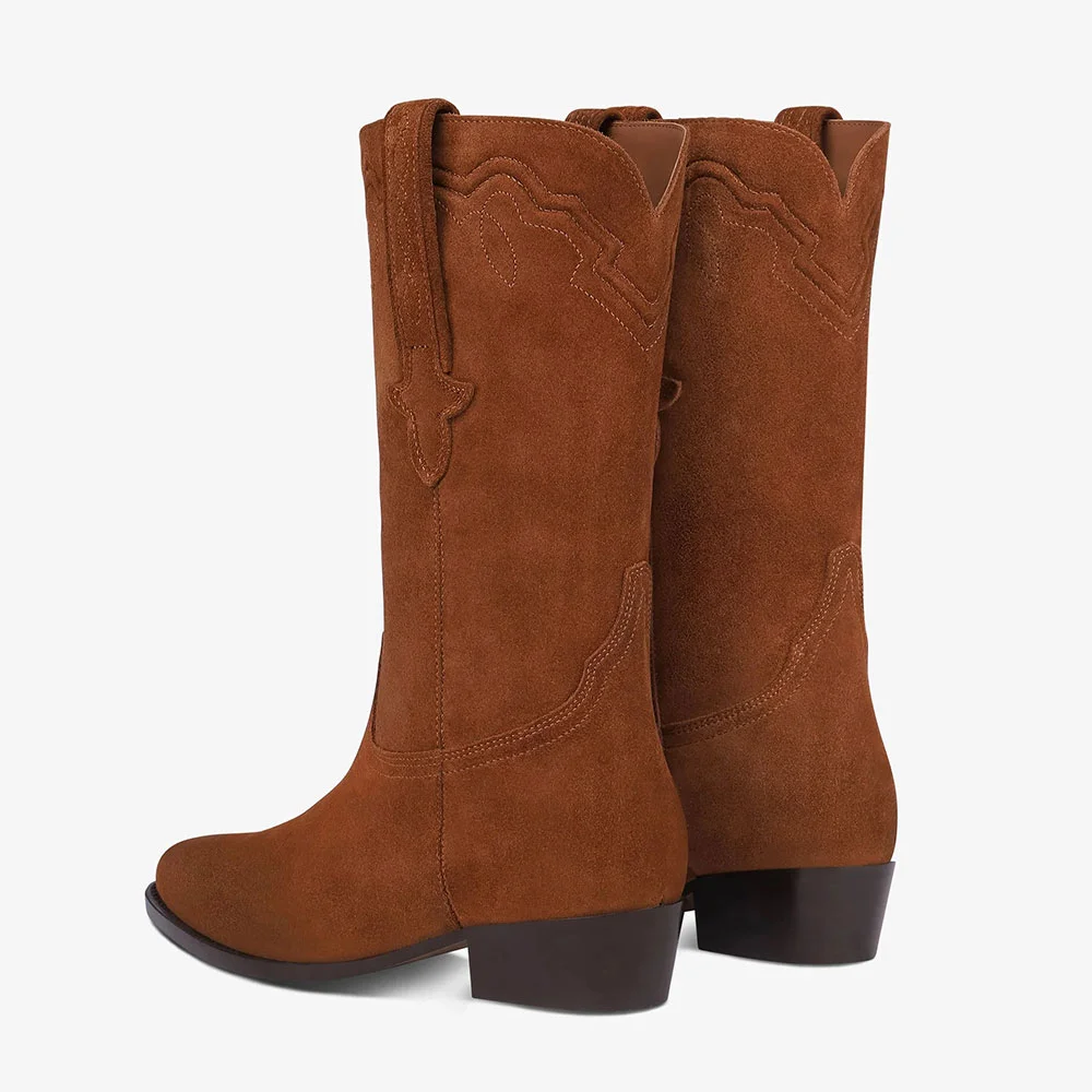 Closed Toe Mid Calf Low Heel Tan Embroidered Western Boots for Women