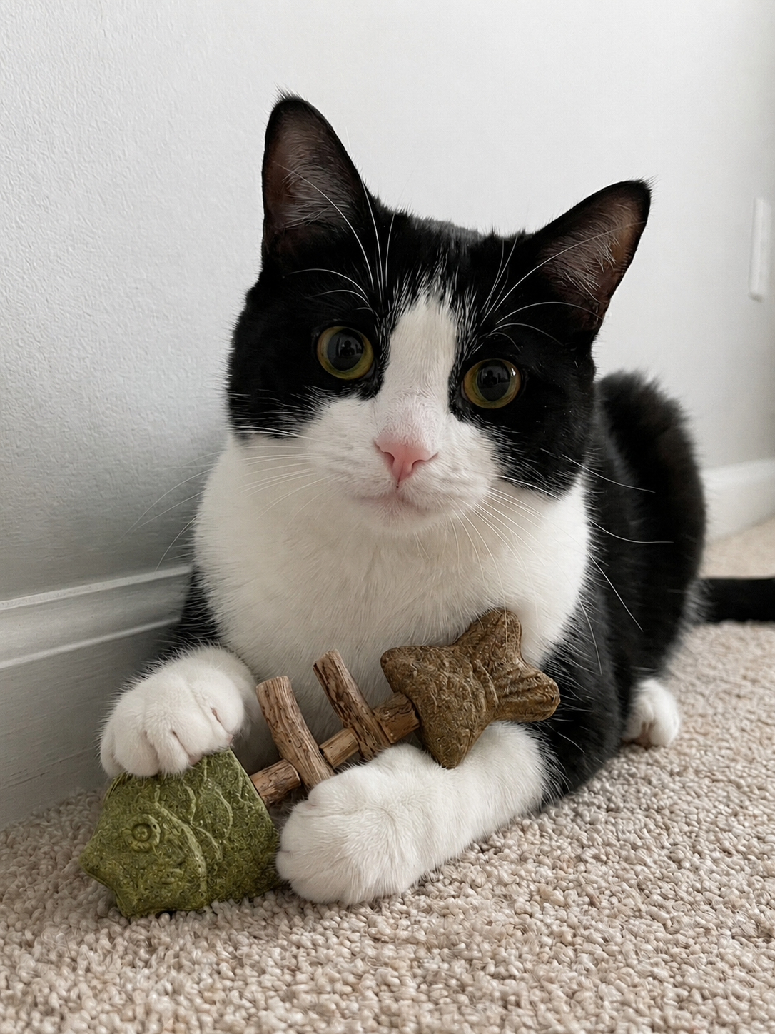 Cat with chew toy on carpet