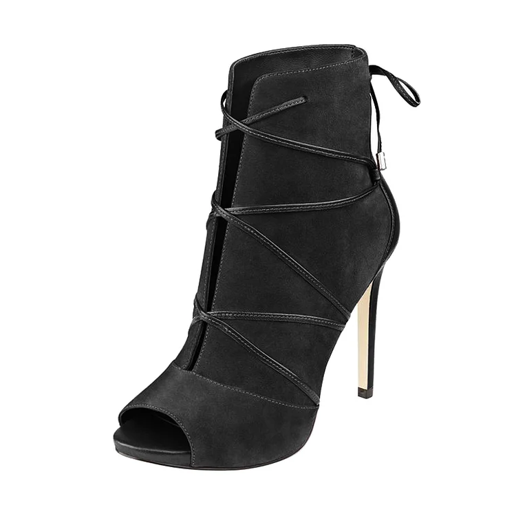 Black Lace Up Boots Peep Toe Stiletto Heel Vegan Suede Booties by FSJ |FSJ Shoes