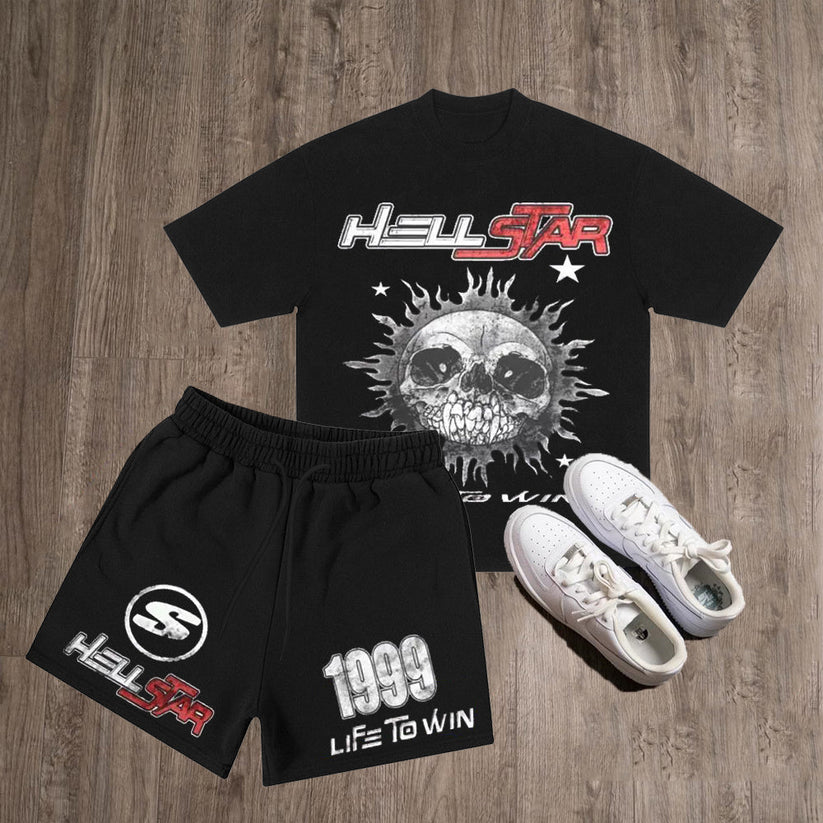 Y2k Hellstar Skull Graphic T-Shirt And Shorts Co-Ord T-Shirt Set