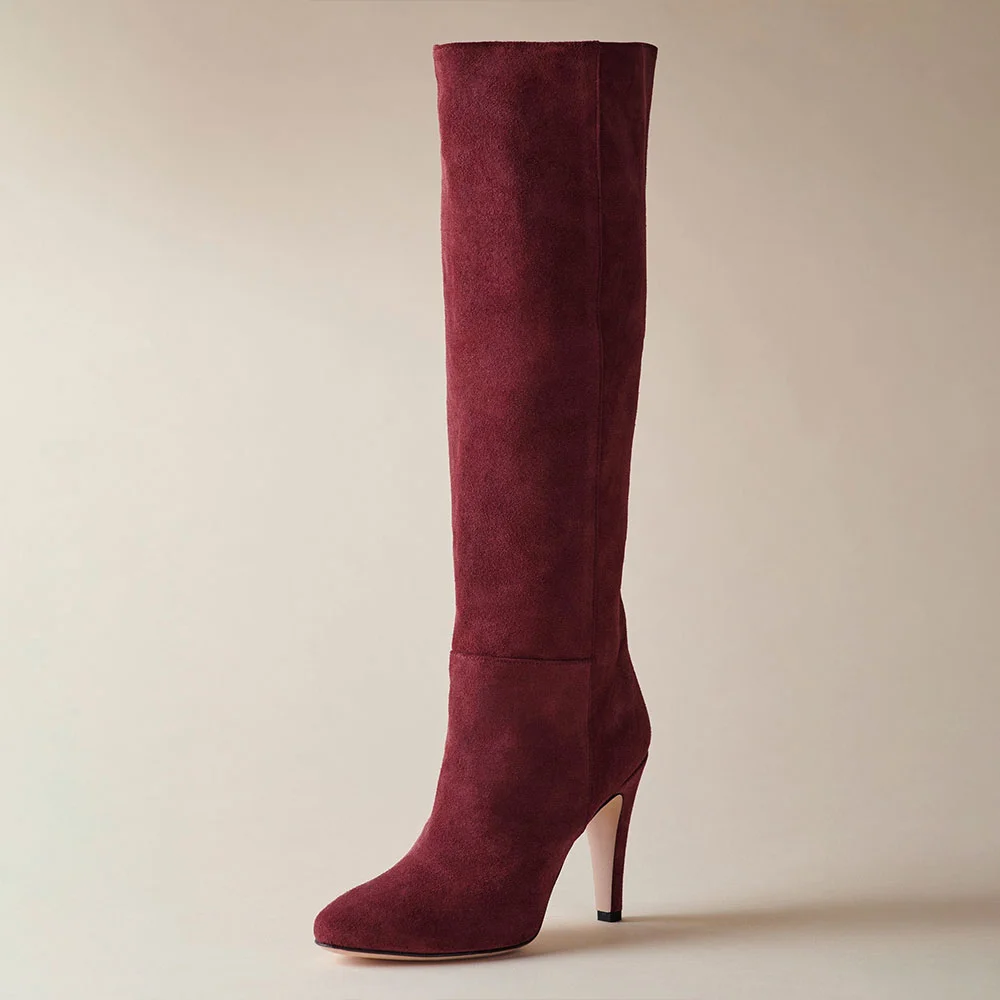 Burgundy Vegan Suede Round Toe Chunky Heel Knee High Boots