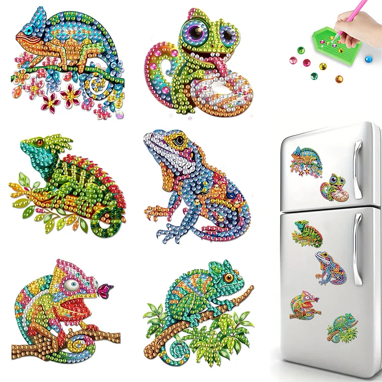 6Pcs Acrylic 2D Flat Chameleon Diamond Art Magnets Decals for Fridge Whiteboards