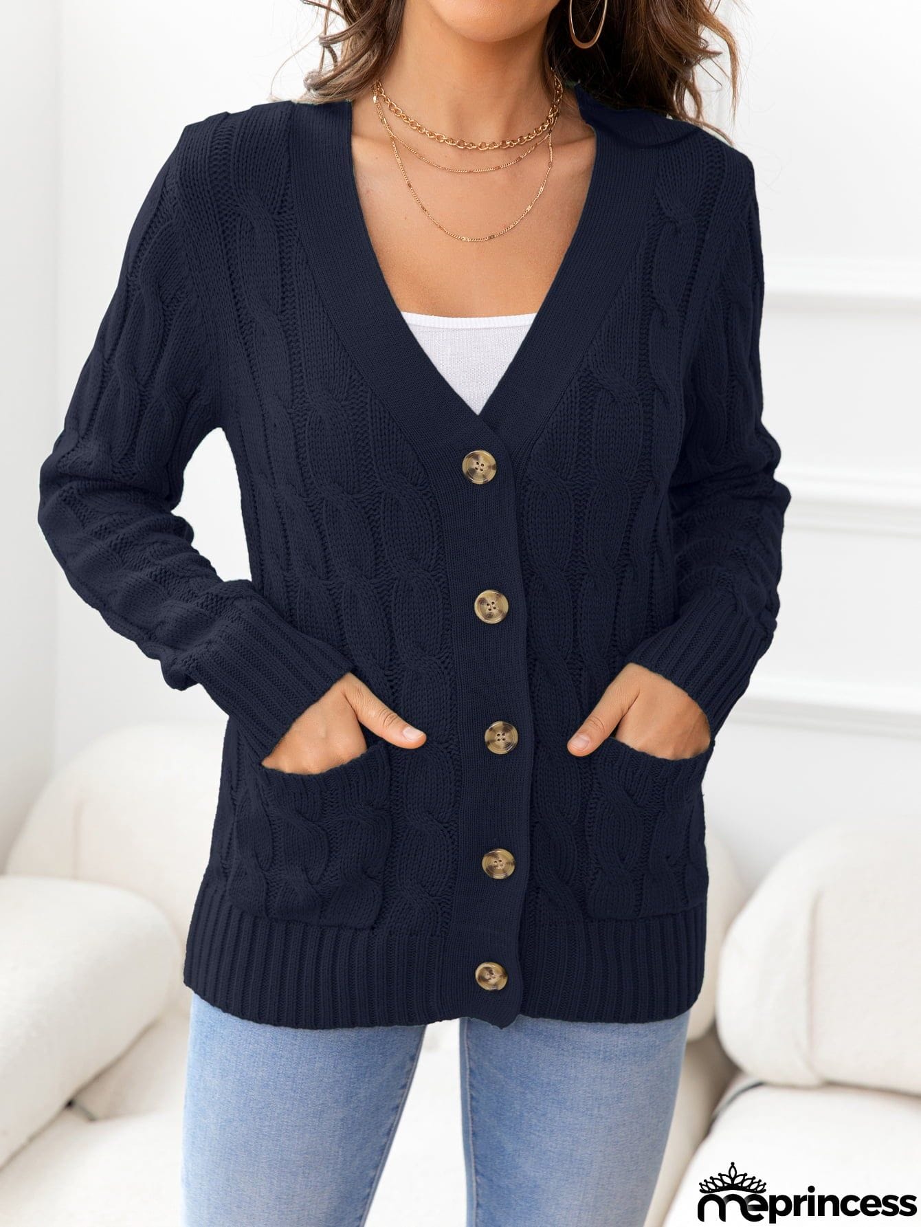 Button Down Cable-Knit Cardigan
