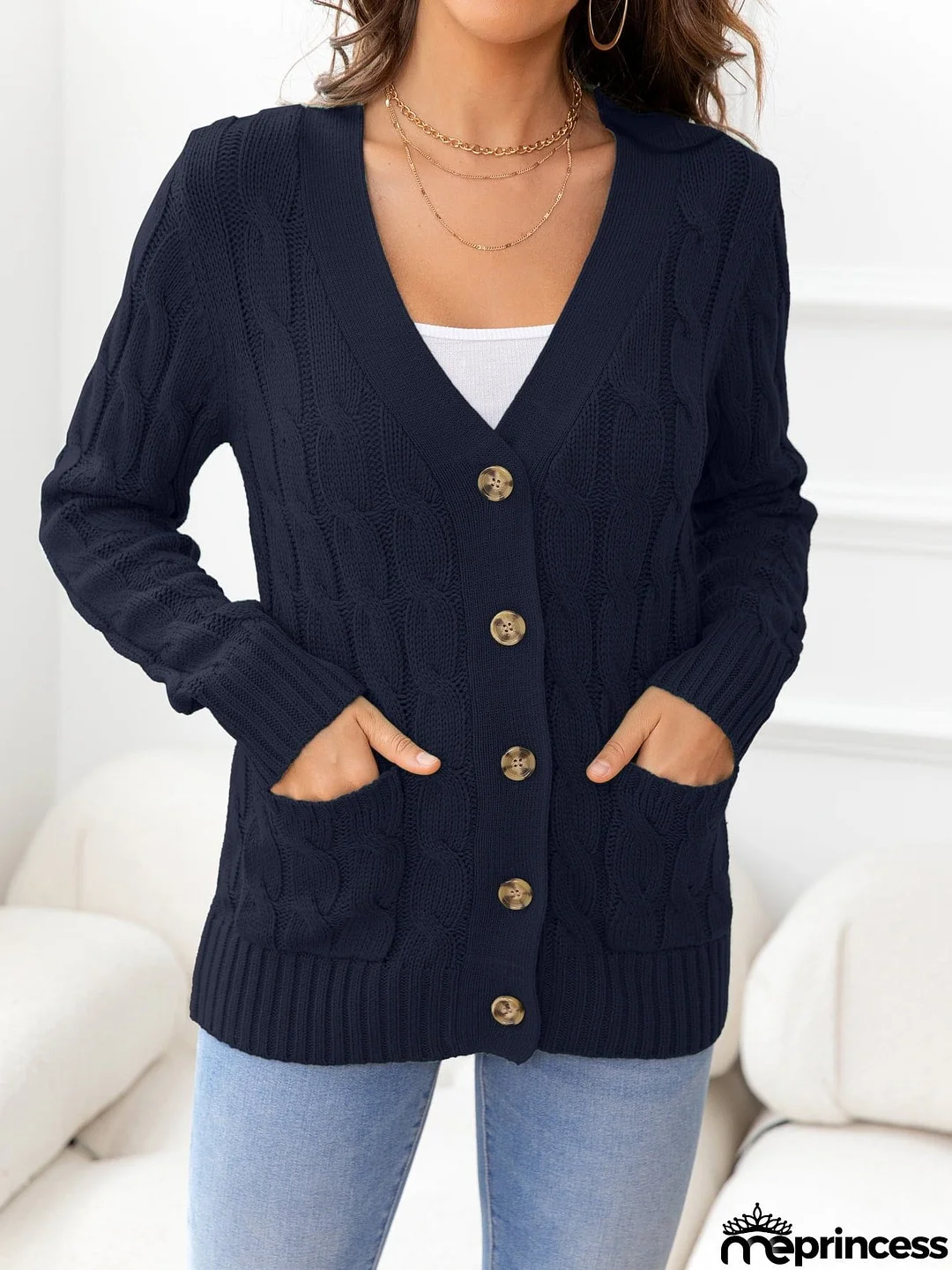 Button Down Cable-Knit Cardigan