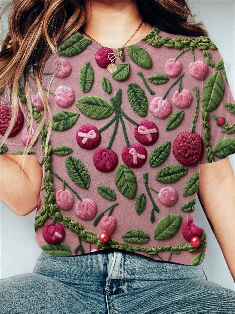 Women's Pink Awareness Cherry Embroidery Printed T-shirt
