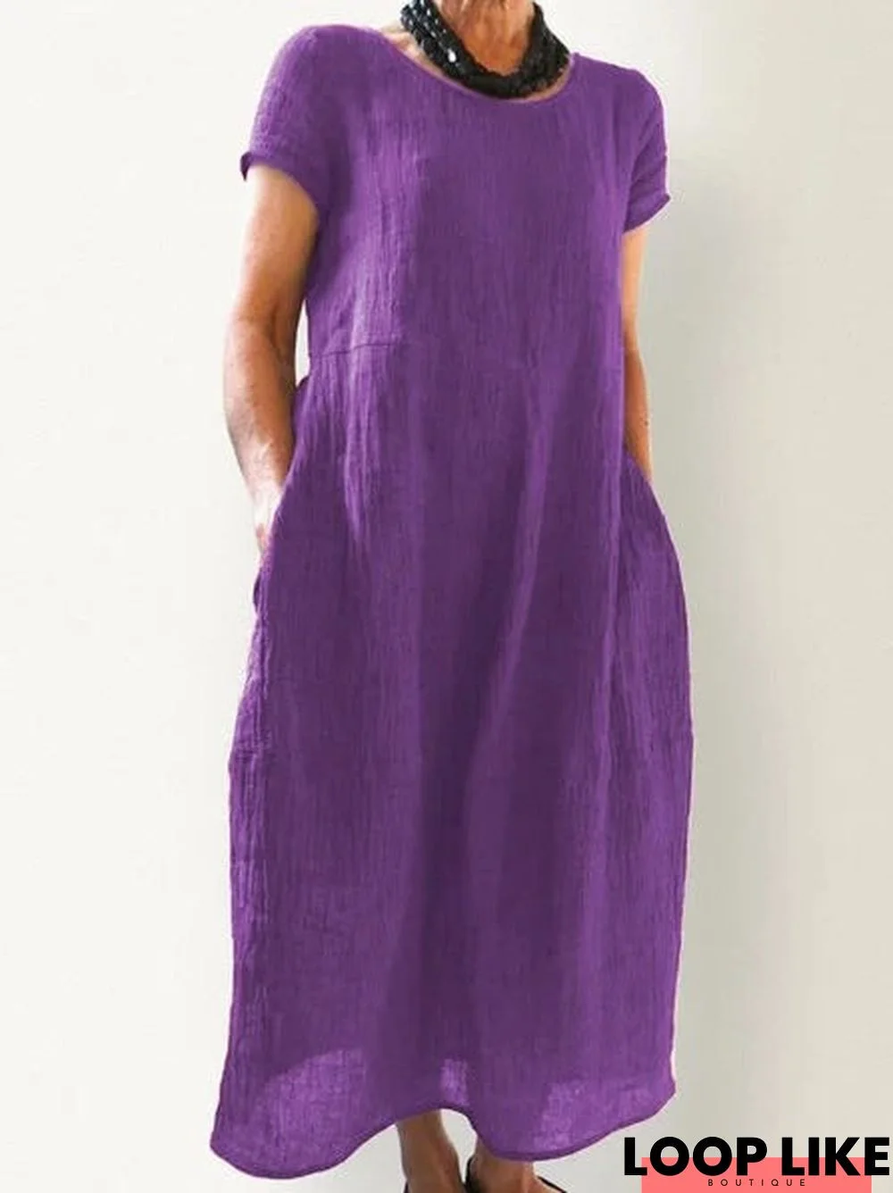 Loose solid color plus size cotton and linen dress