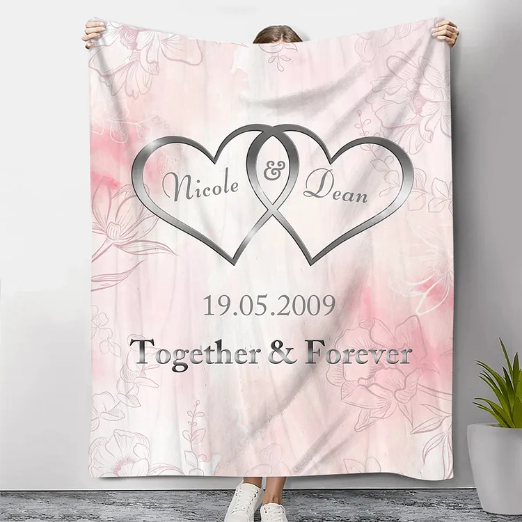 Pink Personalized Couple Blanket Customized 2 Names & Date & Text Blanket Heart Valentine's Day Gifts for Him/Her