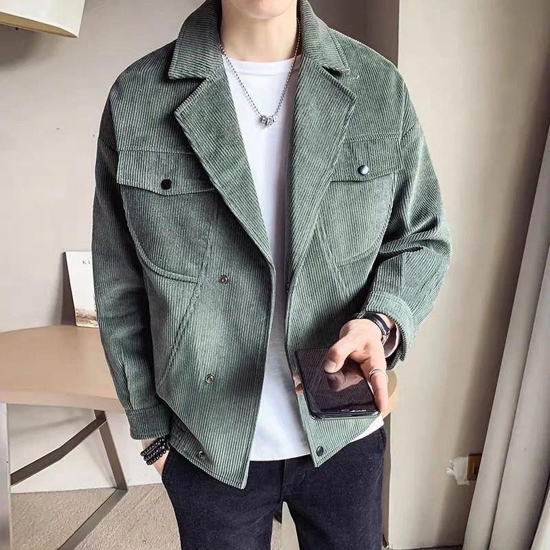 Inongge New Korean Style Corduroy Mens Jacket Coat Buttons Casual Solid Color Slim Handsome Pea Green Lapel Short Jacket Korean Man