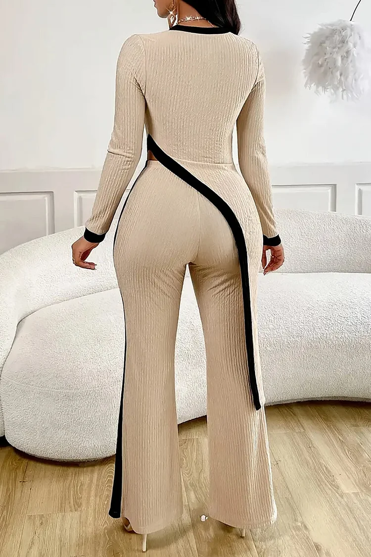 Colorblock Trim Long Sleeve Side Slit Top Flared Pants 2pcs Set-Beige