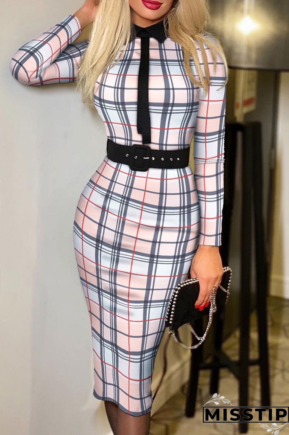 Black khaki Fashion Casual Print Patchwork With Belt Turndown Collar Long Sleeve Dresses