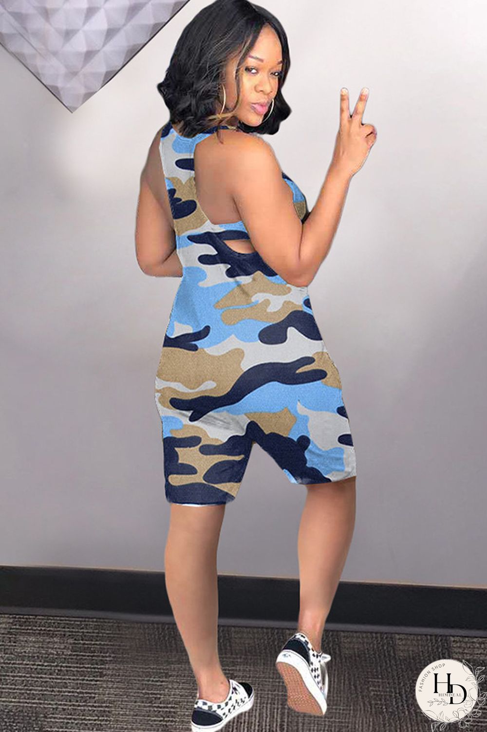 Blue Sexy Fashion Camouflage Chemical fiber blend Sleeveless V Neck Rompers
