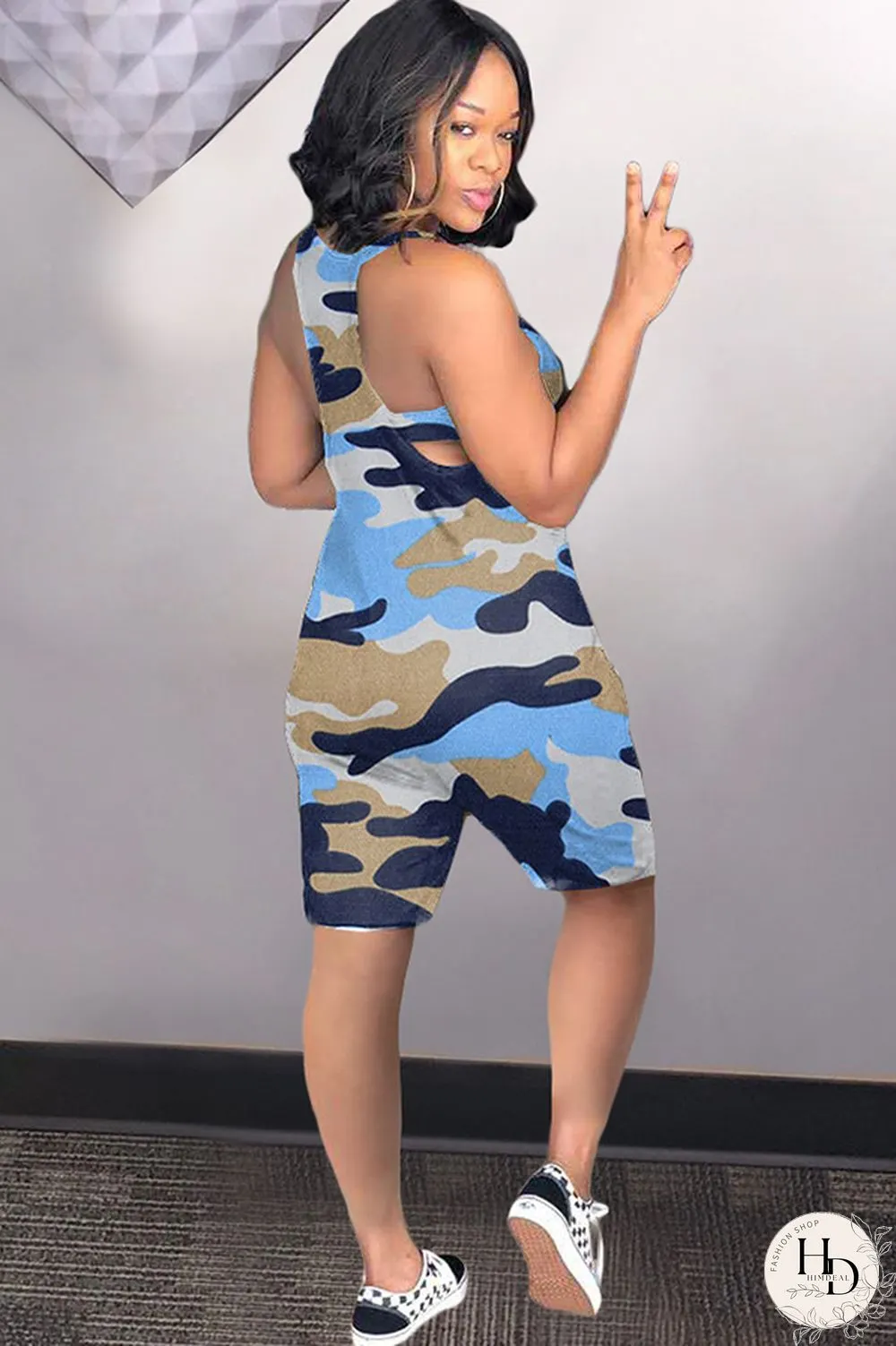 Blue Sexy Fashion Camouflage Chemical fiber blend Sleeveless V Neck Rompers