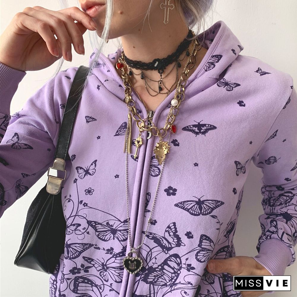 Butterfly Coat-Aesthetic Fairycore Grunge Long Sleeve Crop Tops Y2k Women Hooded Jacket