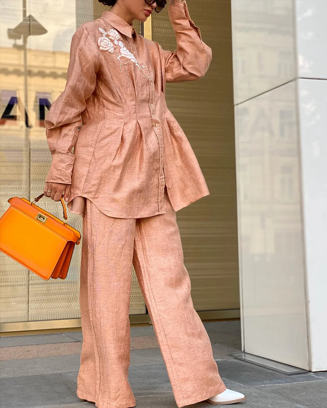 Women's Lapel Embroidered Casual Two-Piece Set