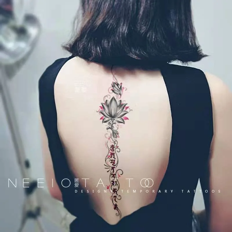 Black Lotus Totem Tattoo Stickers Waterproof Lasting Temporary Tattoo Sanskrit Art Fake Tattoo Back Arm Sexy Tattoos for Women