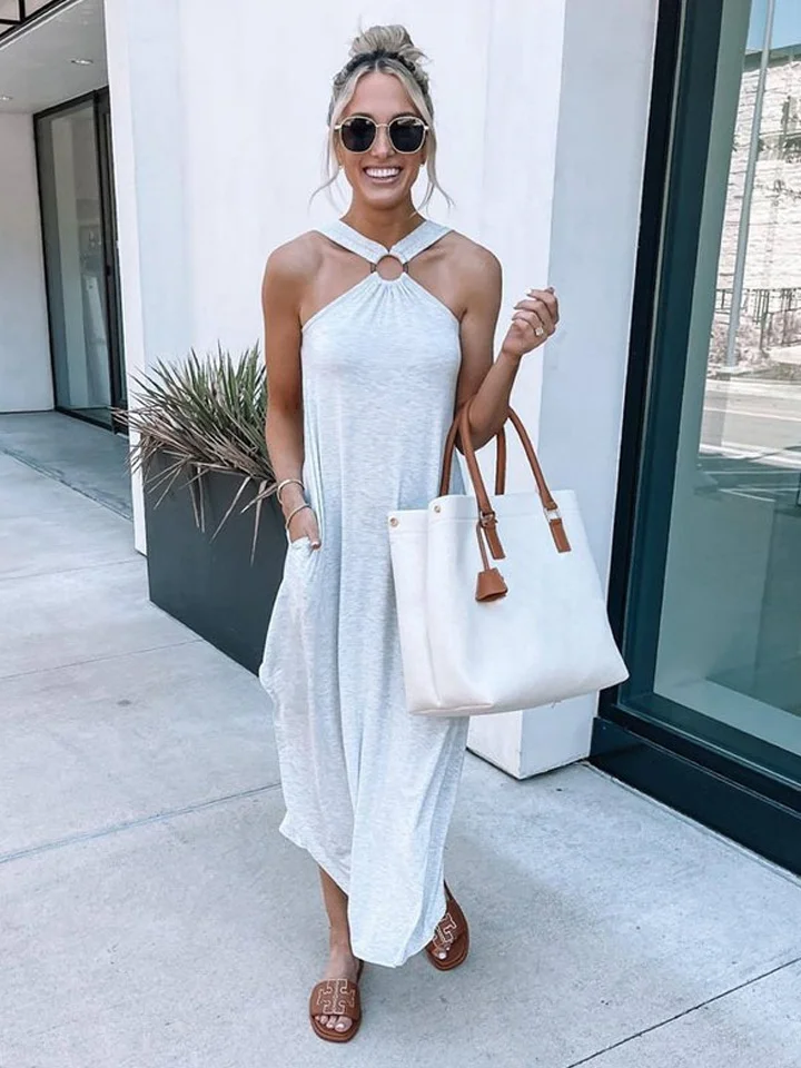 Off-The-Shoulder Casual and Comfortable Long Pocket Dress with Hanging Neck
