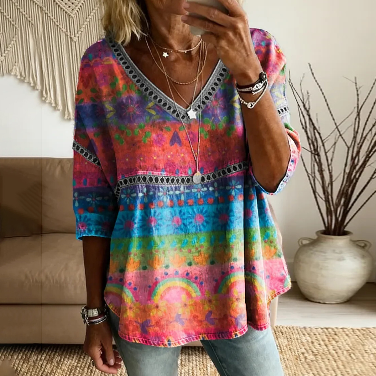 Comstylish Women's Retro Ethnicity Colorful Stripes Flowers Print Linen Blend Casual T-shirt